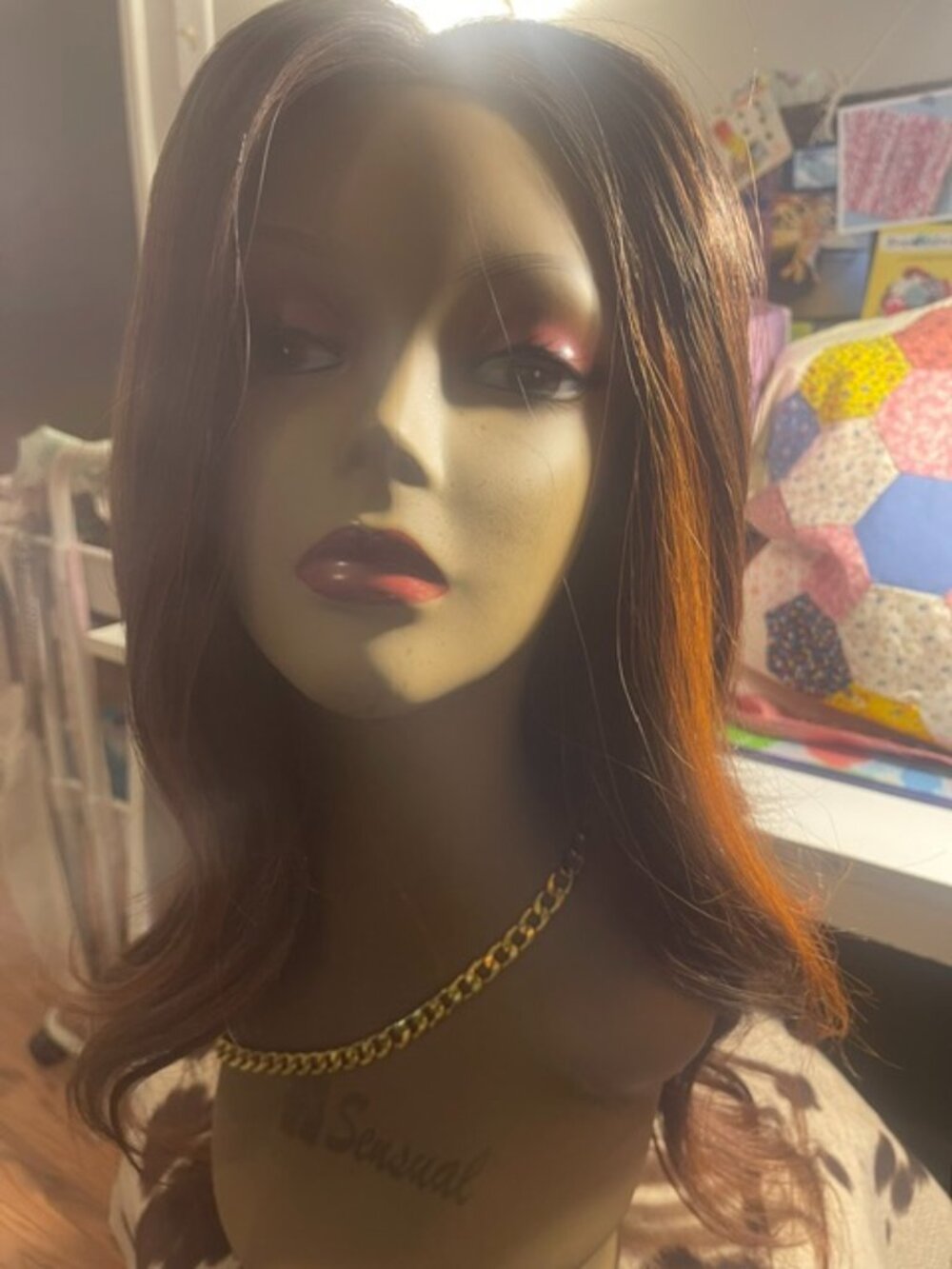 18" Wavy Nel's Wig "Ozzie"-Beautiful Brunette with Coppery Red Highlights